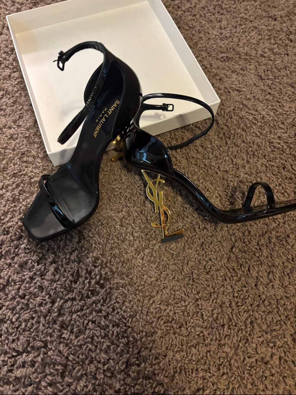 Saint Laurent Black Patent YSL Logo Heel Ankle-Strap Sandals